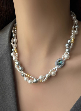 设计感双层彩色秋冬珍珠大气高级感毛衣链女2025年新款项链锁骨链