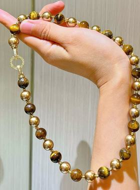 10mm秋冬美拉德风天然精品虎眼石水晶仿珍珠锁骨链项链保真可复检