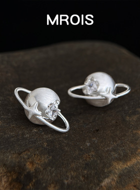 土星~原创环绕破碎星球哑银拉丝锆石耳钉 小众个性高级感银针耳饰