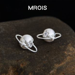 土星~原创环绕破碎星球哑银拉丝锆石耳钉 小众个性高级感银针耳饰