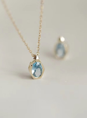 日系轻奢925纯银镀14K金海蓝锆石项链女小众设计香水瓶造型锁骨