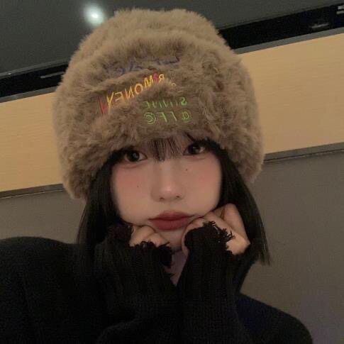 秋冬季毛茸茸针织帽女日系大头围加厚保暖毛线帽韩版显脸小帽子潮