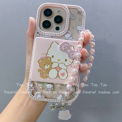 ins双面镶钻KT猫镜子链条适用于iPhone17pro手机壳苹果15新款16promax网红12爆款13女款14pro防摔17promax套