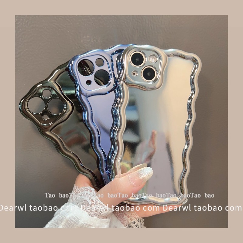 高级感电镀纯色波浪边补妆镜适用iPhone14pro max手机壳女款苹果13简约12mini创意11pro夏季xr新款xs网红78P