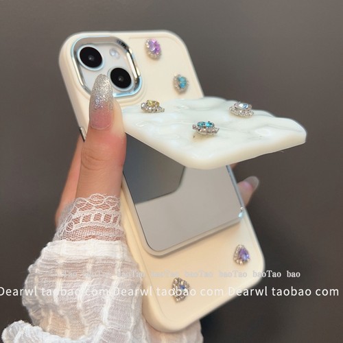日韩ins网红高级水钻宝石镜子17适用iPhone14pro max手机壳苹果13小仙女12i可爱11pro补妆镜x白78潮14plus16