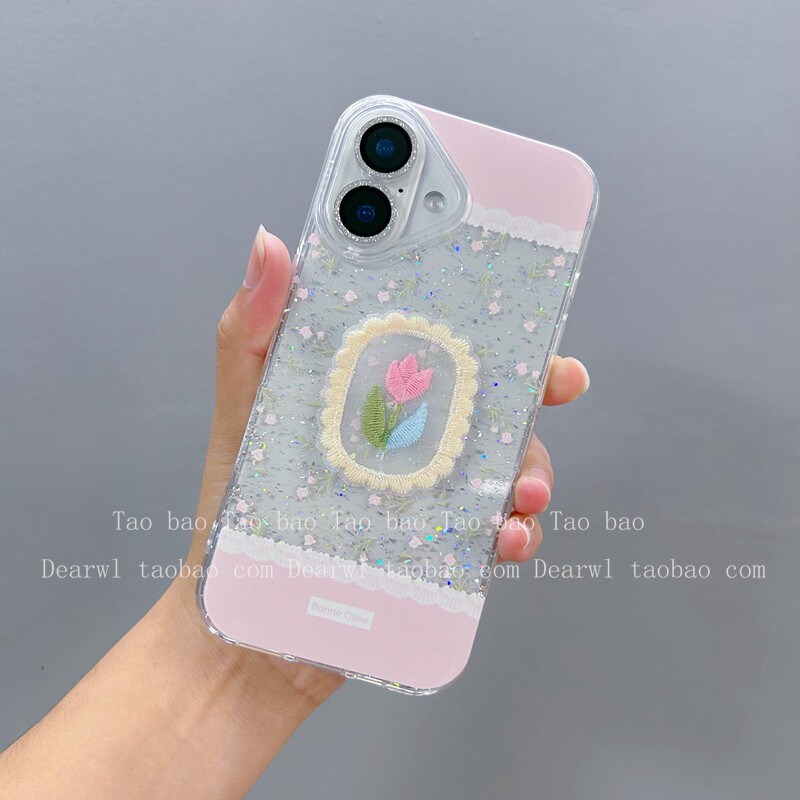 ins温柔粉色小碎花刺绣花朵适用iPhone16手机壳苹果15ProMax新款14promax保护套13全包防摔12/11网红 7