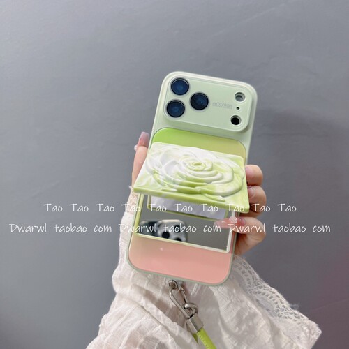 ins镜头膜小清新荷花补妆镜子手提挂绳适用iPhone17promax手机壳苹果16P韩15硅胶14pm软13PM全包防摔化妆镜面