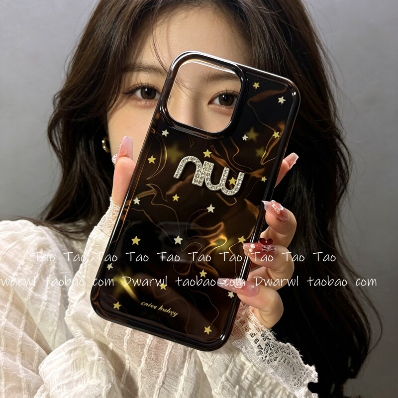 网红ins棕色星星立体闪钻MIU适用iPhone17手机壳苹果16pro max纯色15女14pm日韩13全包12防摔11网红创意小众