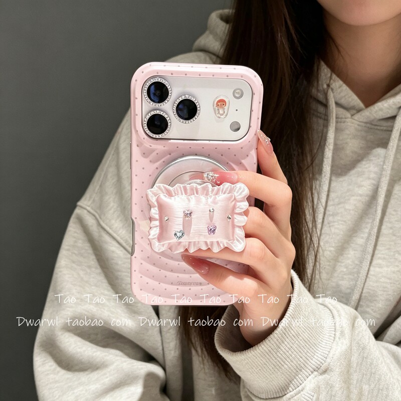 甜美少女粉色磁吸支架枕头闪钻宝石适用iPhone17PM手机壳苹果16pro max纯色15plus女14p韩13全包12防摔保护套