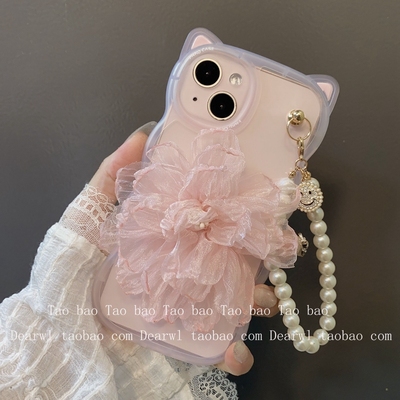 ins透粉猫耳朵气质花朵立体17手链条ip15适用iPhone14手机壳苹果13pro max硅胶12PRO软11promax腕带xs可爱16P