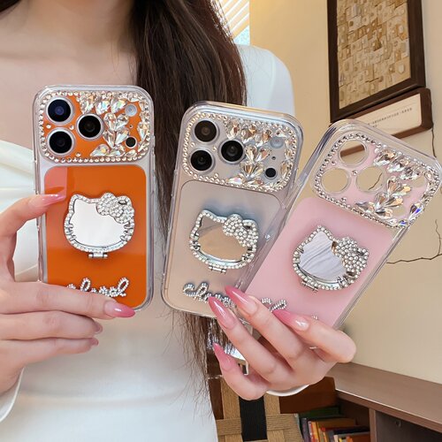 ins大视窗钻石镜头KT猫咪补妆镜子支架适用iPhone17pro max手机壳全包苹果16ProMax高级感15女14日韩13promax