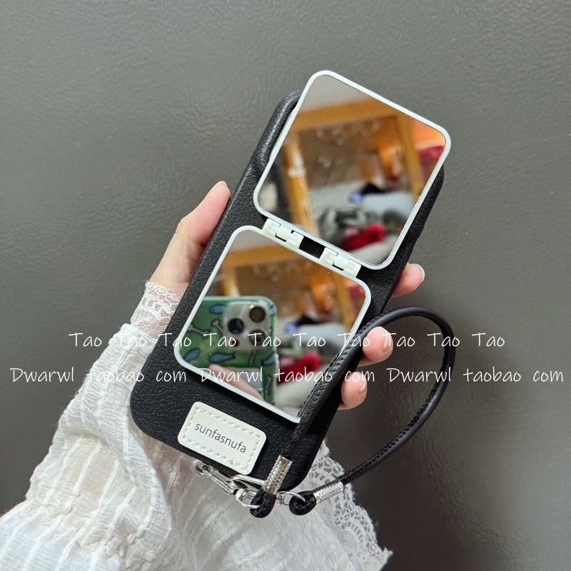 ins气质皮纹翻盖补妆镜面手提挂绳适用iPhone17手机壳苹果16pro max化妆镜子15plus全包14软13女12高级11px