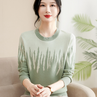 妈妈洋气圆领长袖上衣中年女装2024新款毛衣中老年春秋减龄针织衫