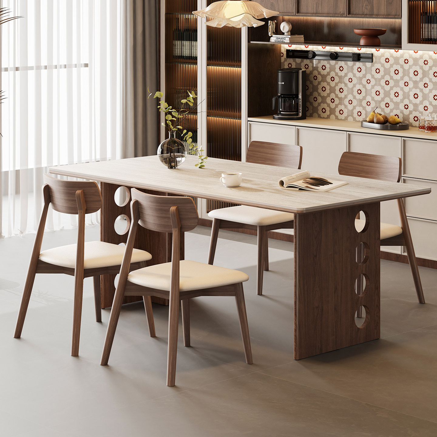 实木餐桌餐厅中古风洞石岩板饭桌2026新款家用长桌胡桃色桌椅组合