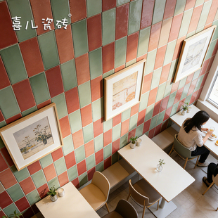 复古绿色厨房卫生间小方砖墙砖亮光瓷砖甜品店餐饮店背景墙手工砖