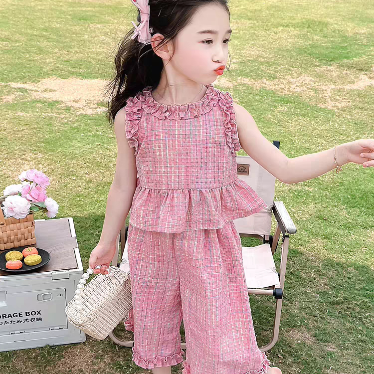女童夏季套装2025新款儿童女宝宝洋气时髦夏装休闲格子背心两件套