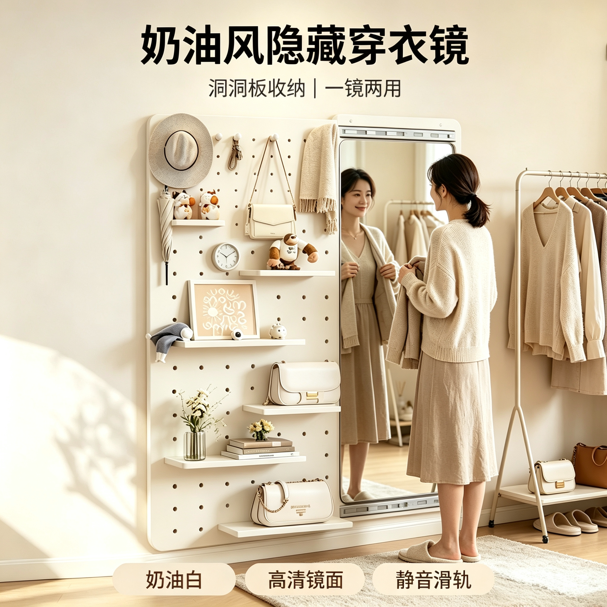 实木洞洞板全身穿衣镜一体隐形推拉门口可关闭全身镜子入户玄关图片