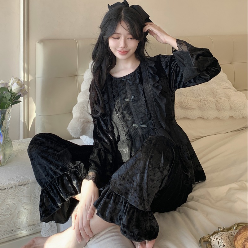 2024年秋冬款睡衣女金丝绒长袖长裤套装蕾丝花边宫廷风女士家居服