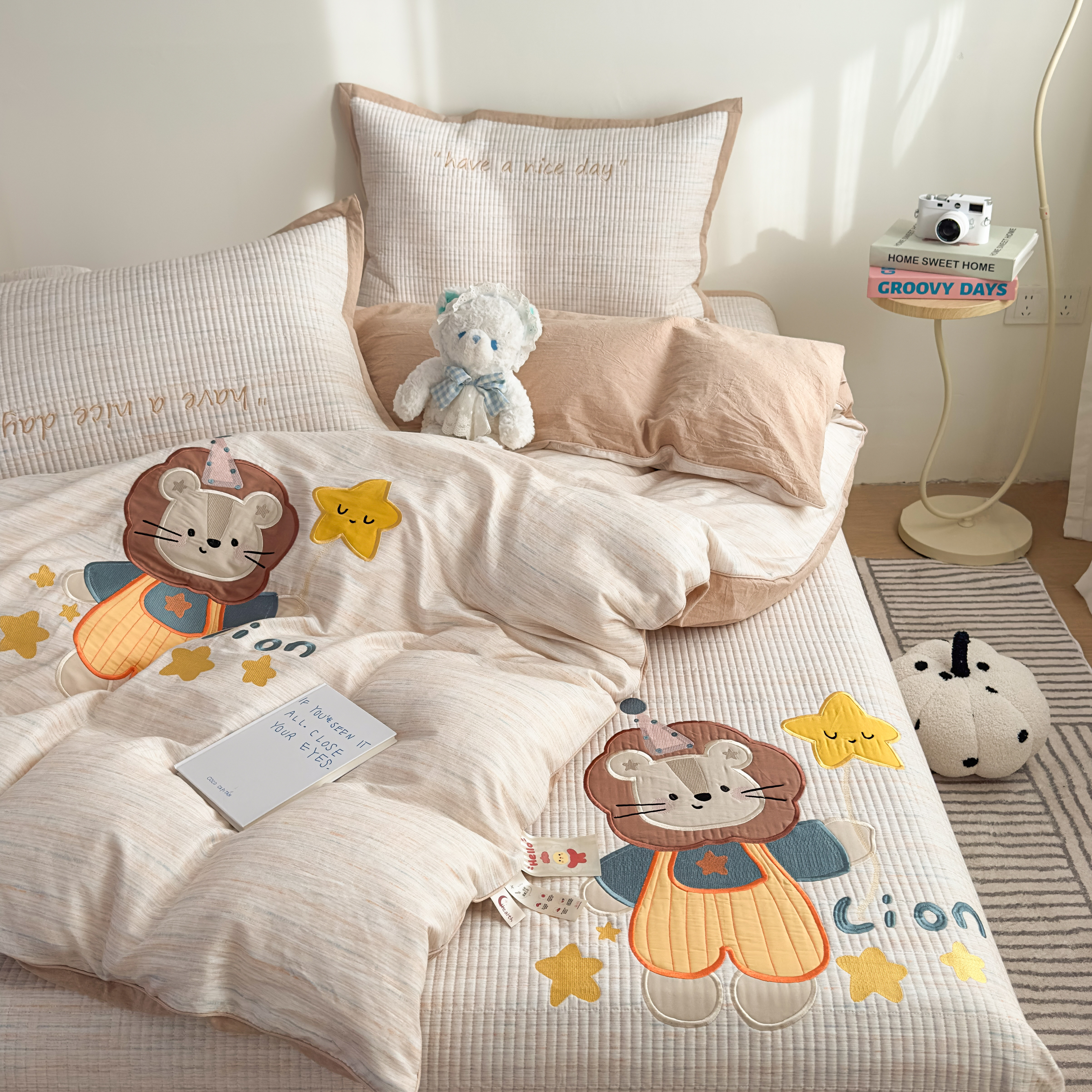 卡通款贴布绣全棉纯棉双层纱夹棉床盖三件套床单床褥垫单被套床单