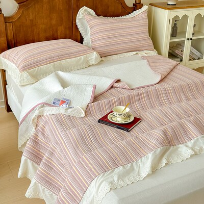 法式复古风全棉水洗棉床盖三件套色织提花纯棉床单荷叶边夹棉床盖