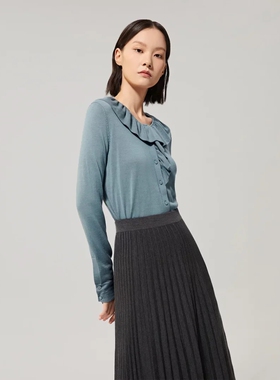 OVV 【黄金羊毛】春秋热卖女装温柔典雅荷叶领环保长袖针织衫