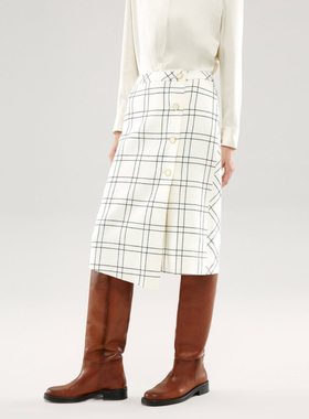 OVV秋冬新款不对称下摆围裹式白色格纹半裙通勤气质款