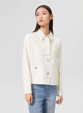 OVV春夏新款女装小羊皮拼接可拆卸飘带宽松羊毛花呢休闲外套