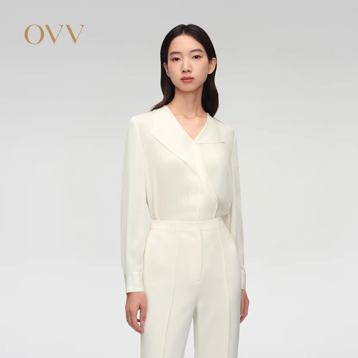 OVV春夏热卖女装20MM弹力双乔浅V领休闲衬衫上衣白色 国内代购