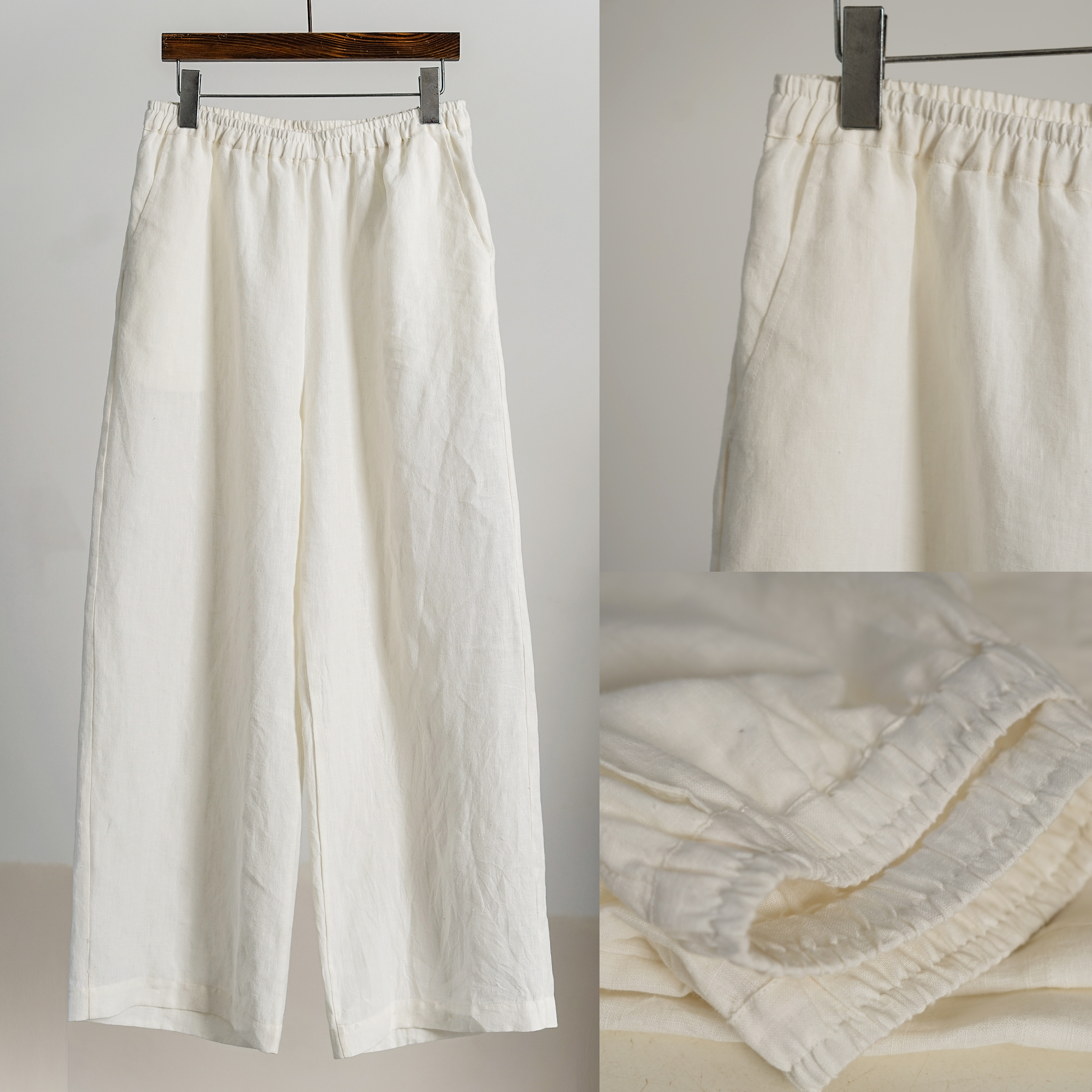 有叙砂洗亚麻窄松紧腰拖地直筒裤