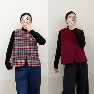 有叙新中式羊毛毛呢+纯棉格子撞色磨毛复古文艺葵口领双面穿马甲