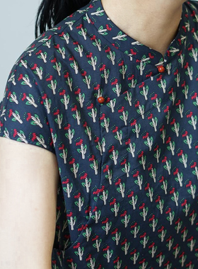 有叙新中式60支全棉印花复古斜襟宽松撞色短袖全开襟旗袍式连衣裙