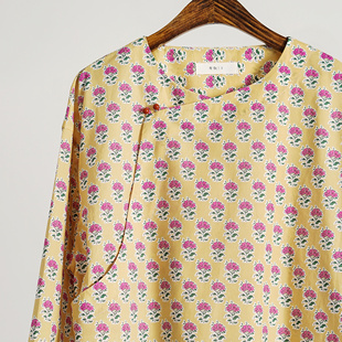 有叙新中式长绒棉拓印风印花宽松文艺复古右衽全开襟中长款夏衫