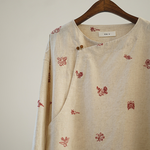 有叙新中式亚麻棉花鸟刺绣文艺国风长袖右衽全开襟日常宽松上衣