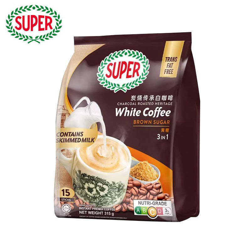 马来西亚进口超级牌炭烧黄糖味三合一速溶咖啡315g/袋15小包入