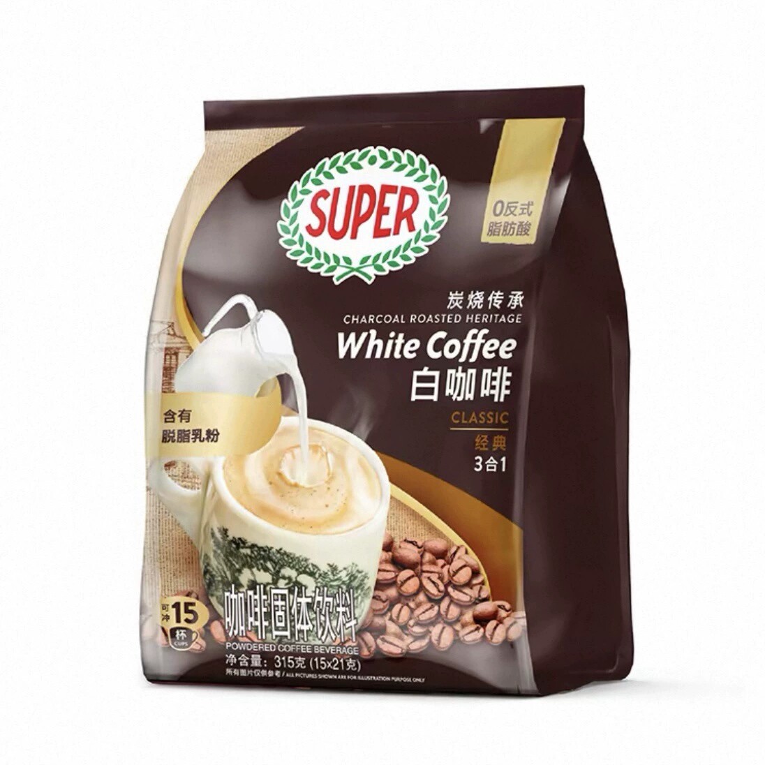 马来西亚super/超级牌炭烧香烤榛果味速溶三合一白咖啡粉15包