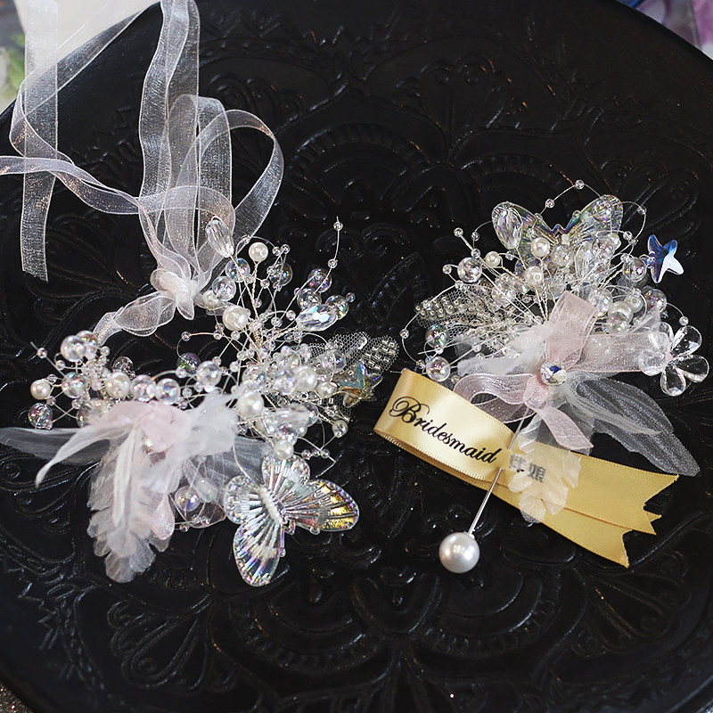 原创超仙结婚新郎胸花新娘手腕花高级韩式清新伴郎胸针手花姐妹团