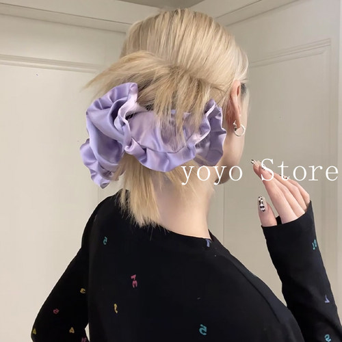 芭蕾风褶皱花边紫色缎面大肠发圈女韩系高级感发绳扎丸子头绳发饰