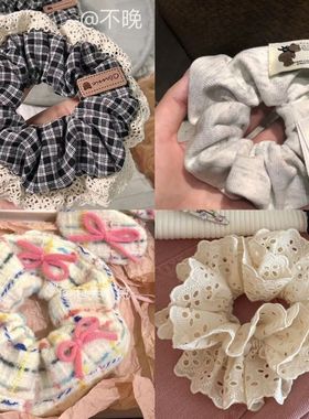 ins风高颜值英伦学院风蓝色格纹发圈洋气法式复古蕾丝大肠圈