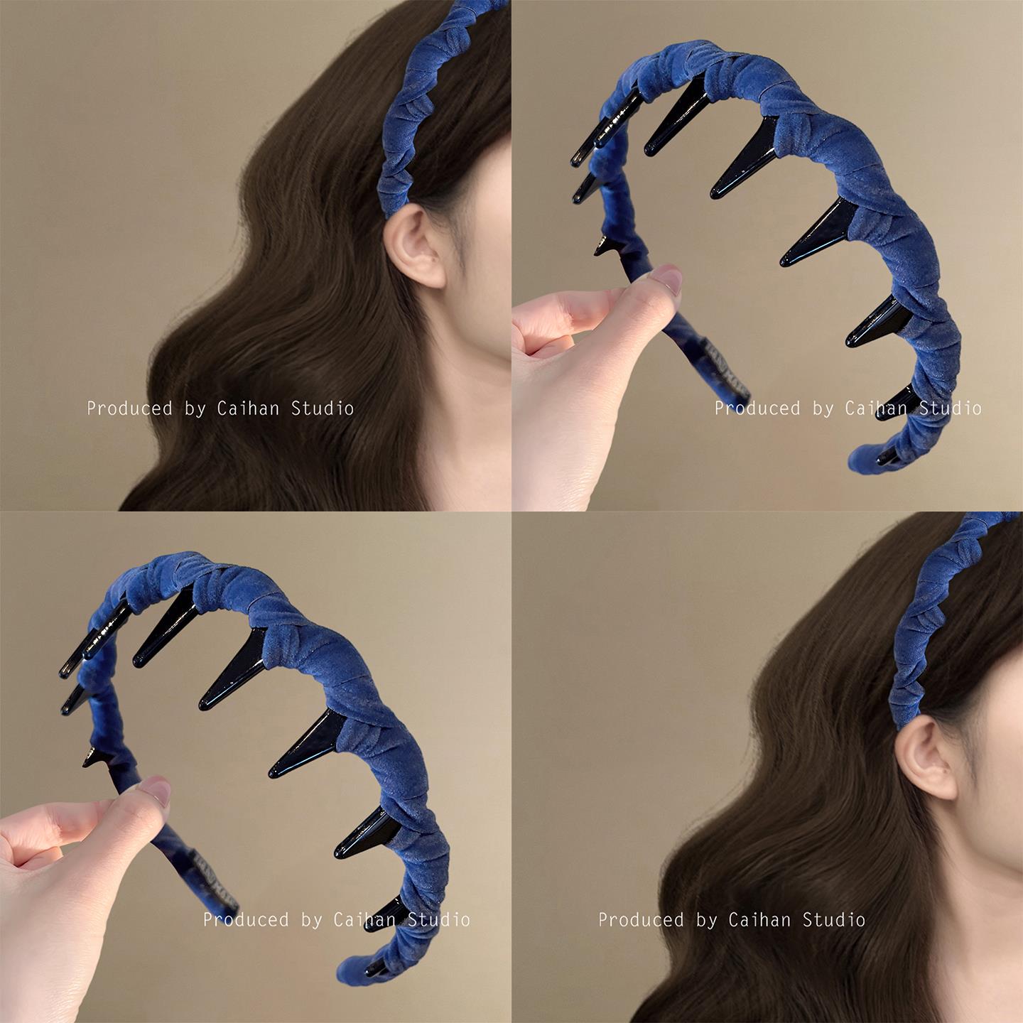 雾蓝岛屿~气质丝绒缠绕波浪发箍女克莱因蓝带齿洗脸头箍旅行发卡