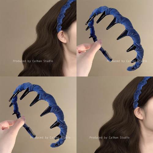 雾蓝岛屿~气质丝绒缠绕波浪发箍女克莱因蓝带齿洗脸头箍旅行发卡