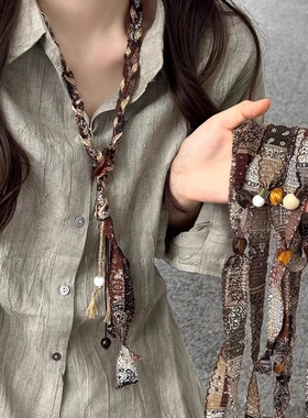 红咖腰果花圆环抽拉项链女2025秋季新款波西米亚风毛衣链百搭配饰