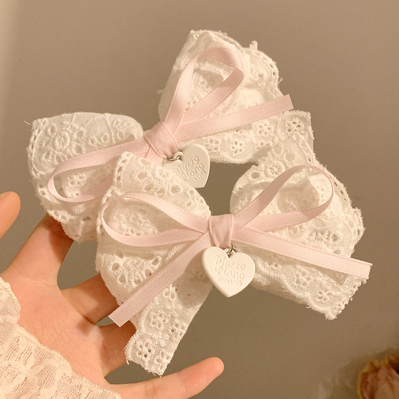 温柔白桃~Lolita粉色蝴蝶结爱心发夹边夹侧边法式温柔鸭嘴夹头饰
