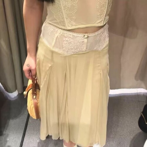 高腰撞色蕾丝拼接迷笛半身裙