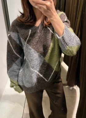 ZA外贸出口女装新品女装经典菱形纹长袖V领菱形纹针织衫 5755152