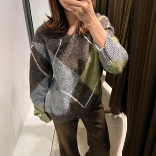 新品 V领菱形纹针织衫 女装 菱形纹长袖 5755152 经典 ZA外贸出口女装