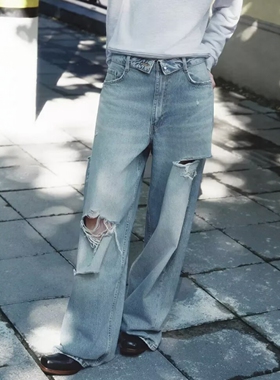 ZA外贸出口女装新品破洞装饰软质牛仔中腰翻折腰身牛仔裤47302141