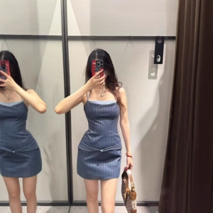 ZA外贸出口女装青石板灰拼接假两件撞色条纹吊带连衣裙8577148