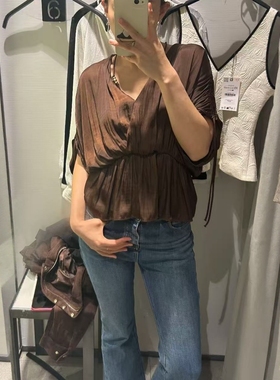 ZA外贸出口新和服饰宽袖休闲舒适褶皱饰丝缎质感衬衫8165945 700