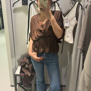 700 8165945 ZA外贸出口新和服饰宽袖 休闲舒适褶皱饰丝缎质感衬衫