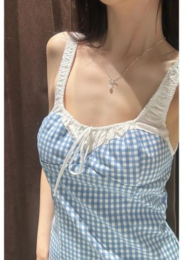 ZA外贸出口夏季新品蓝色格子拼接绑带设计宽肩带连衣裙女4661381